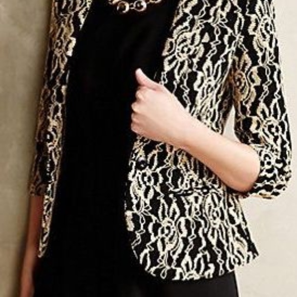 ANTHROPOLOGIE Cartonnier Felicia Lace Blazer Black Tan NEW - Picture 2 of 8